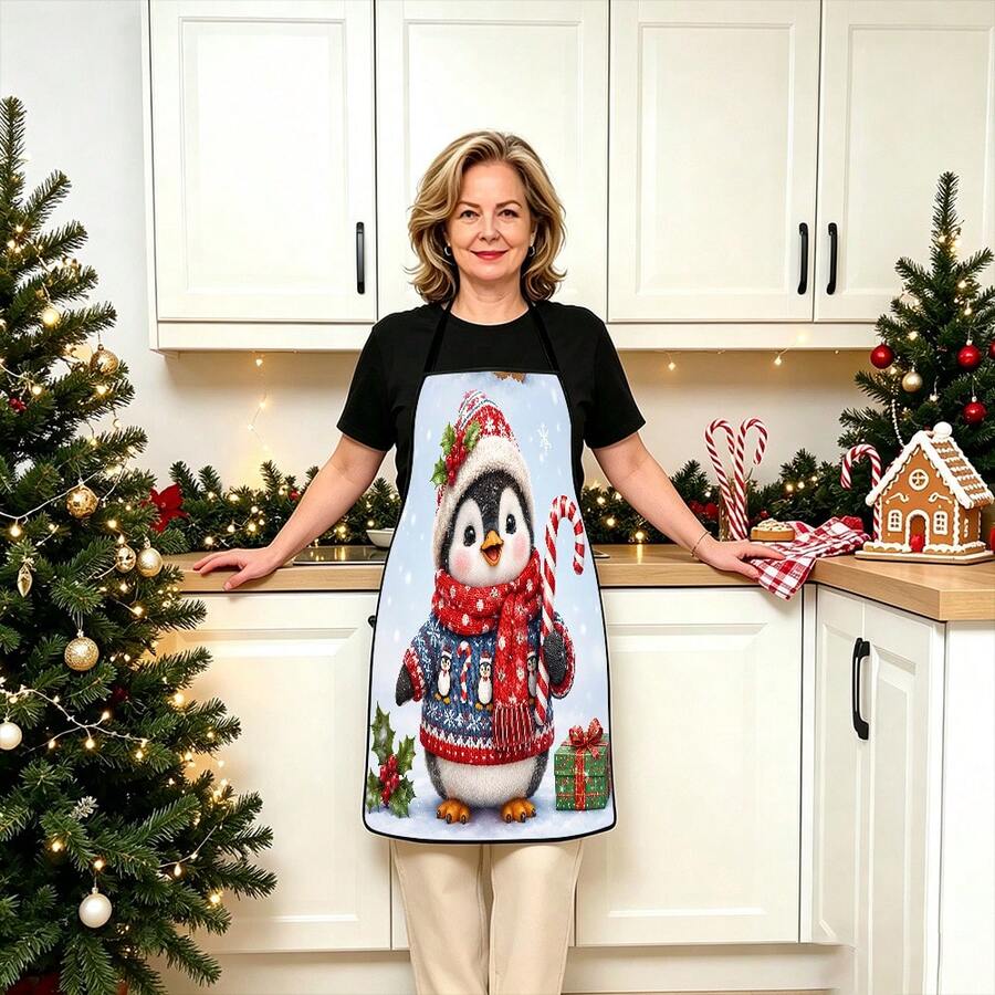 1 pieza Delantal de chef con estampado de animales de dibujos animados navideños, Papá Noel, campana navideña, copo de nieve navideño, reno navideño, árbol de Navidad, muñeco de nieve navideño, pingüino navideño, adecuado para decoración del hogar y uso en la cocina. Hecho de material 100% poliéster, diseñado con estilo sin mangas, perfecto para la cocina del hogar y cocina al aire libre. Este delantal estampado es unisex, lavable a máquina y reutilizable, un artículo esencial de cocina - Multicolor - Ver 1