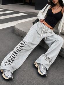 Women's Light Grey Gothic Letter Graphic Wide Leg Sweatpants Pants, Y2K Campus Back To School Fall Outfit Sports - Light Grey - View 11