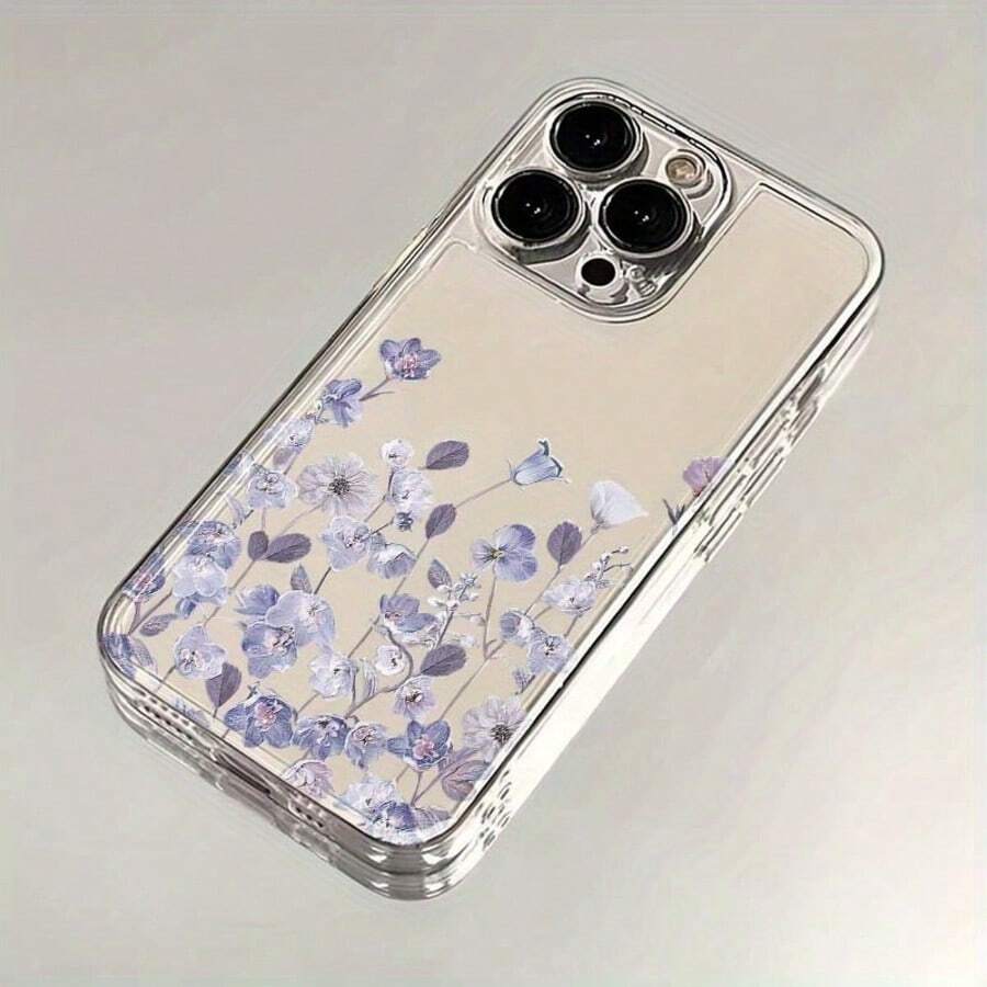 1件時尚創意全螢幕紫色花卉與葉片彩繪圖案高透明手機殼,防摔防刮防指紋透明TPU軟殼,相機鏡頭保護,適用於Apple、Nothing、Pixel,保護套 - 彩色 - 查看 1