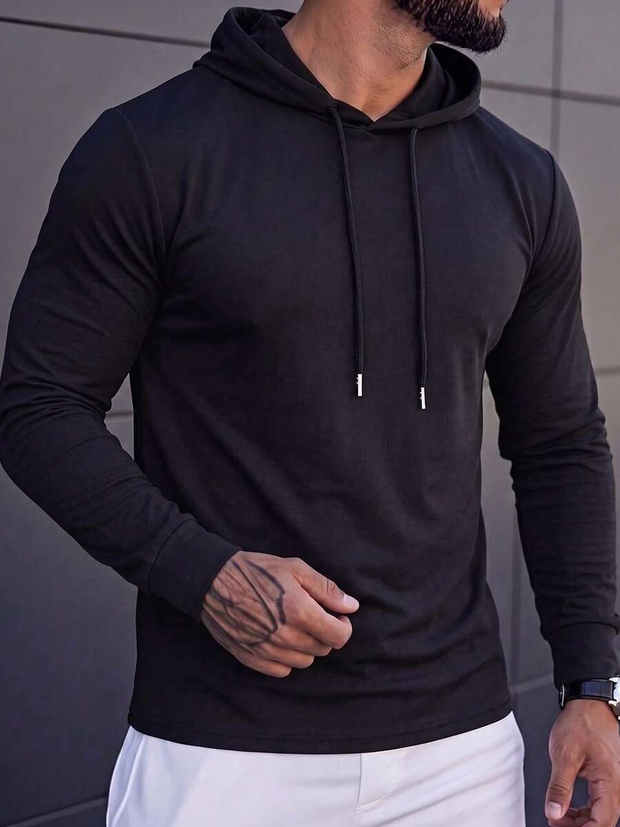 Men's Spring/Autumn Fashion Versatile Hooded Slim Fit Regular Shoulder Long Sleeve T-Shirt - Black - View 1