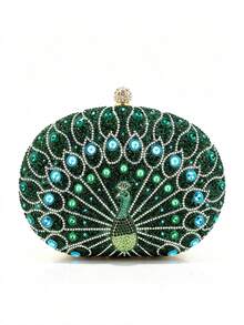 Luxury Peacock Rhinestone Evening Clutch, Oval Hard Frame Bag, Rhinestone Ball Lock Handle, Women's Fashion Handbag, Suitable For Weddings And Evening Events - Green - View 6