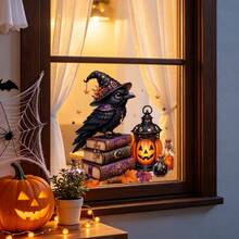 1pc Cute Halloween Static Window Cling, Witch Crow, Candy Skull, Spooky Ghost Tree, Reading Wizard Ghost Design, Removable Waterproof Sticker, Suitable For Front Door, Bedroom, Living Room, Autumn Thanksgiving Holiday Party Decoration - Multicolor - View 8