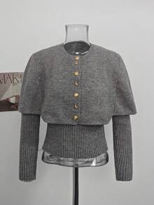 French Sweet Youthful Ribbed Knit Sweater Set Women Autumn/Winter Short Button-Up Cardigan And Long Sleeve Knit Top 2 Pieces Set - Grey - View 6