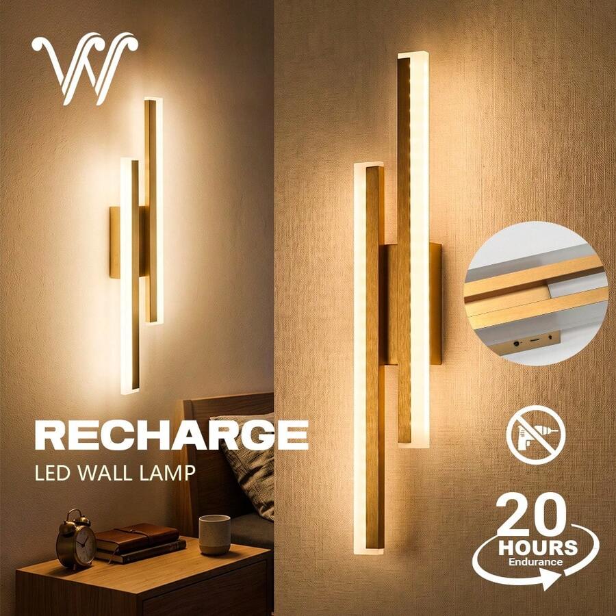 wamblz 50cm可充電無線壁燈,可調光電池供電LED壁燈,磁吸式鋁製金色壁燈,適用於臥室、客廳、走廊、樓梯間、洞洞板、沙發、電視背景牆 - 金子 - 查看 1