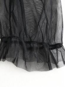 Blus Chiffon Hitam Kerah Tegak Sedikit Transparan Gaya Dewasa Elegan Ukuran Plus untuk Wanita dengan Desain Lengan Tengah Berkerut Elastis, Cocok untuk Perjalanan Sehari-hari dan Kencan. - Hitam - View 5