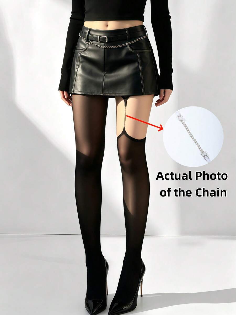 1 Pair Plus Size Women's Tights, Single Side Chain Stitch Design, European And American Y2K Style, Sexy And Fashionable - Black - View 1