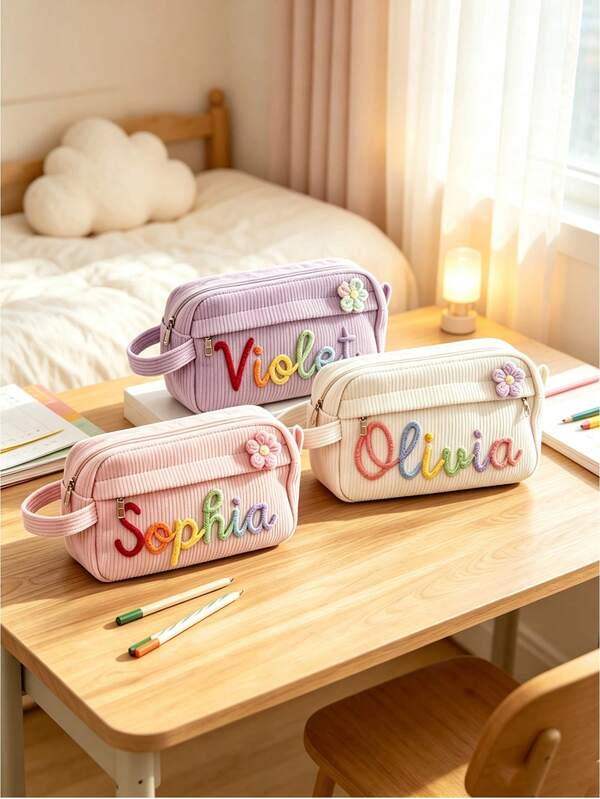 1pc Personalized Customized Name Corduroy Pencil Case, Large Capacity Striped Handmade Pencil Pouch, Cute Stationery Gift, Suitable For Girls And Boys Back To School