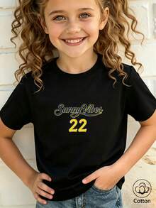Kids Sunny Vibes 22 Printed Cotton Short Sleeve T-Shirt, Breathable Round Neck Casual Summer Top For Boys & Girls - Black - View 4