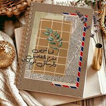 1PC A5 Spiral Bound Motivational Arabic Journal, Rustic Scrap Paper Collage Border Cover, Retro Newspaper Clipping Plant Illustration Notebook, Daily Diary & Thought Recording Workbook For Gulf Users - EE - View 4