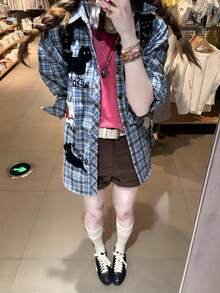 New Women's Spring/Summer Korean Style Cute Puppy Embroidery Plaid Long Sleeve Shirt, Niche French Patchwork Long Sleeve Top, Sun Protection Blouse - Blue - View 9