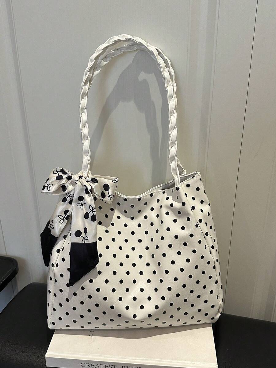 1pc New Large Capacity Polka Dot & Scarf Decor Design Dual Handle Tote Bag, Suitable For Work And Commuting, School Bag, Large Capacity, Portable, Classic Casual, Business Casual, Suitable For Teenage Girls, College Students, White-Collar Professionals, Perfect For Work, Back To School, Middle School, High School, University, Vacation, Fashion Zipper Tote Bag
