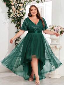 XUCTHHC Plus Size Elegant Party V-Neck Ruffle Sleeve Sequin High-Low Hem Mesh Skirt Formal Ball Gown, Wedding Guest, Cocktail Party, Holiday, Autumn/Winter - Dark Green - View 8