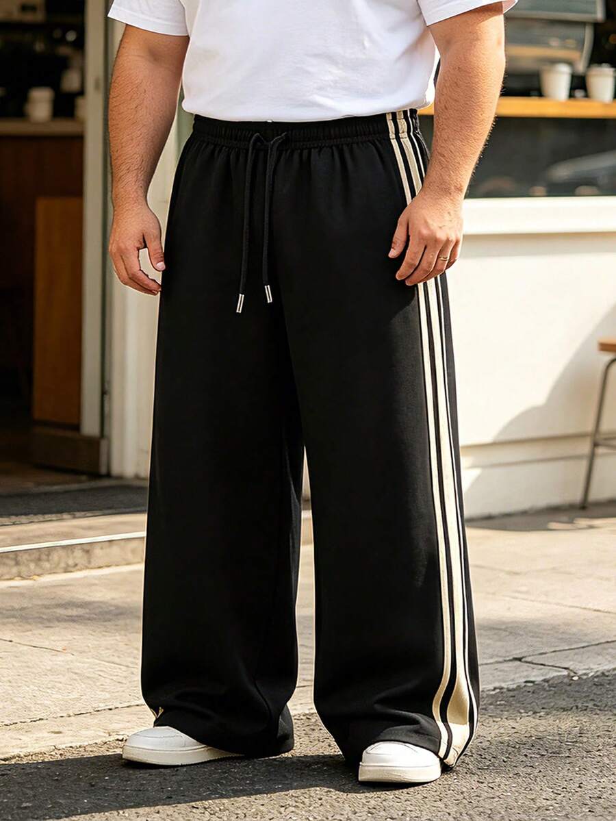 Men's Plus Size Striped Drawstring Waist Pocket Casual Straight Leg Pants, Spring/Autumn Sports Black - Black - View 1