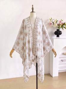 1件優雅花卉刺繡開衩和服式圍巾/沙龍披肩女款，波希米亞風春夏海灘度假防曬罩衫，裝飾性刺繡開襟衫，適合日常穿著，完美禮物選擇 - 白色 - 查看 2