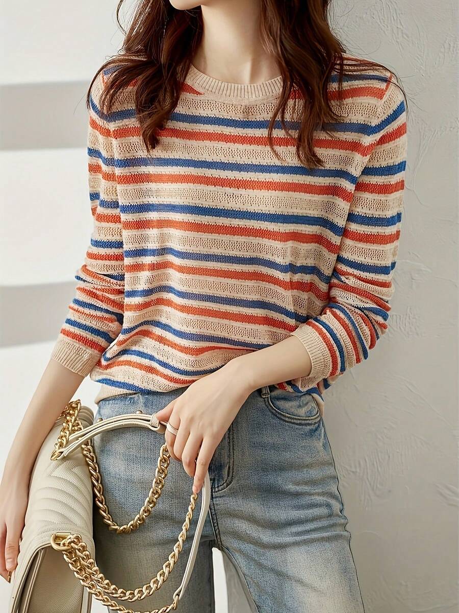 Camiseta de manga larga con cuello redondo y bloques de color para mujer, prenda básica de punto casual para primavera, otoño e invierno - Colores mezclados - Ver 1