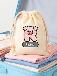 Custom Animal Letter Drawstring Bag, Personalized Name Canvas Storage Bag, Cartoon Letter Cotton Bag, Reusable Cosmetic And Small Accessory Storage Bag, Custom Letter Gift Bag, Portable Daily Storage Bag, Travel And Custom Gift - Multicolor - View 7