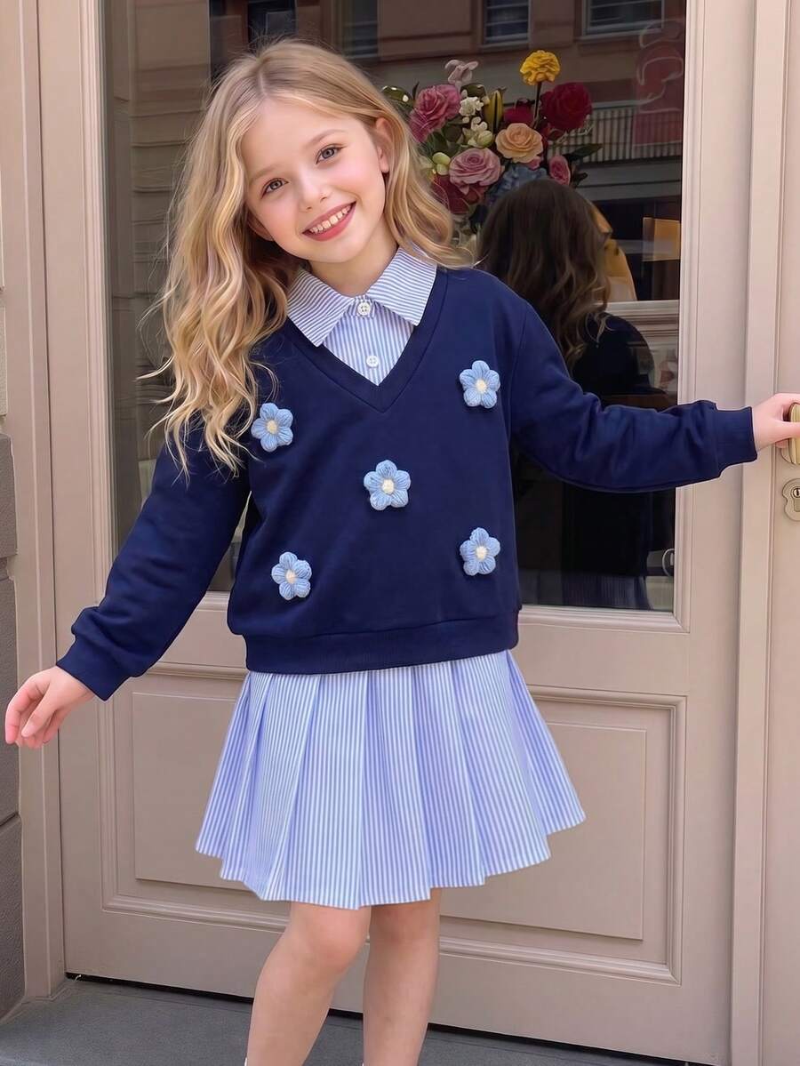 2-teiliges Schuloutfit für Kleine Mädchen, neue Herbstmode, vielseitig, 3D-Blumendekor, 2-in-1 Langarm-Sweatshirt mit Kragen + modischer gestreifter Faltenrock, Vintage-Set, geeignet für Outdoor-Tragen - Königsblau - Übersicht 1