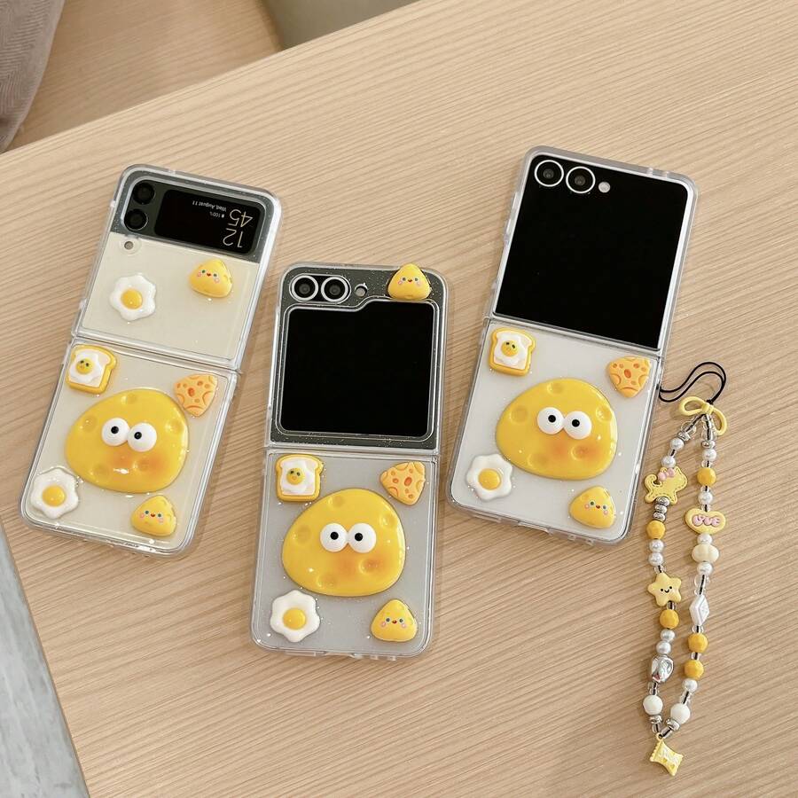 غطاء هاتف كرتوني لطيف بتصميم بيضة مقلية وجبن ثلاثي الأبعاد لهواتف Galaxy Z Flip3/Flip4/Flip5/Flip6/8 بشاشة قابلة للطي، تغطية كاملة وحماية ضد السقوط - أصفر - مشاهدة 1
