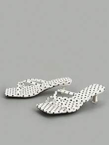 Women's 2025 Fashion Versatile Comfortable Thong High Heel Sandals With Solid Color Stone Texture (Random Stone Texture Cut) - White - View 3