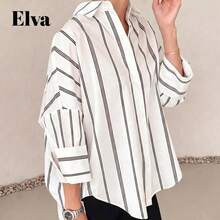 ELVA 女款條紋長袖寬鬆辦公襯衫，適合上班、情人節、秋季、返校，白色 - 白色 - 查看 1
