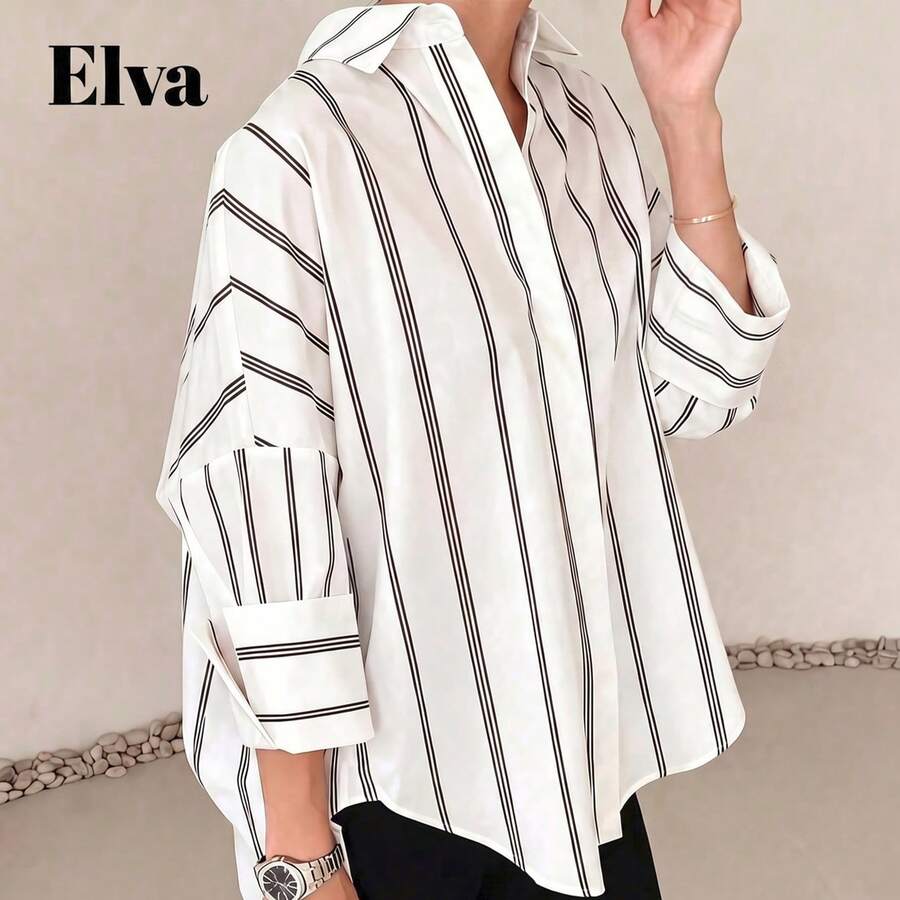 ELVA 女款條紋長袖寬鬆辦公襯衫,適合上班、情人節、秋季、返校,白色 - 白色 - 查看 1