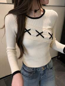 Korean Style Casual Vintage Design Slim Fit Flattering Long Sleeve Round Neck Color Block Knit Sweater Inner Layer Top For Women Autumn/Winter Fall - Apricot - View 7