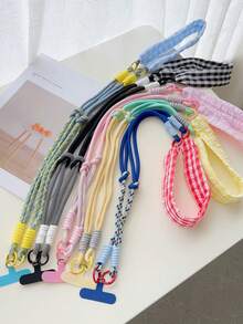 Dopamine Patchwork Checkered Fabric Phone Lanyard 2-In-1 Detachable Short Strap Wide Strap Crossbody Bag Wrist Strap - Black and White - View 9
