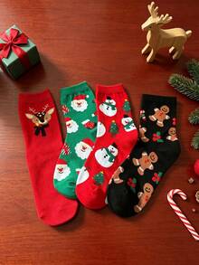 4 Pairs Christmas Theme Cartoon Mid-Calf Socks For Women Red Reindeer Snowman Gingerbread Man Christmas Tree Jacquard Cotton Socks Festive Atmosphere Versatile Celebration New Year Slouch Socks - Multicolor - View 12