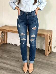 Women's Distressed Stretch Skinny Jeans - Dark Wash - View 3