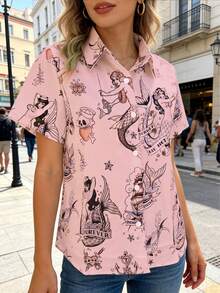 Women's Retro Mermaid Pattern Pink Shirt, Tattoo Style Short Sleeve Button-Up Blouse, Loose Fit Casual Summer Top - Pink - View 2