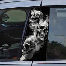 2pcs Triple Skulls Smoke Car B Pillar Vinyl Decal, Gothic Skeleton Smoke Pattern Auto Middle Window Sticker, Waterproof Horror Skull Car Door Pillar Decor Sticker For SUV Truck Van - Triple Skull - View 5
