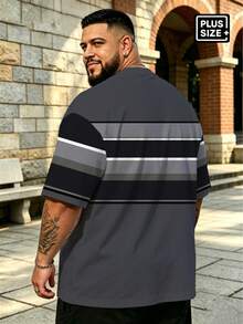 Plus Size Men's Striped Short Sleeve T-Shirt, Summer Gray & Black Contrast Color Casual Top, Loose Fit Slimming Brand Tee Sports - Grey - View 2