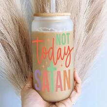 16盎司 Not Today Satan 十字文字圖案玻璃杯，信徒信仰主題冰咖啡吸管杯 - 彩色 - 查看 2