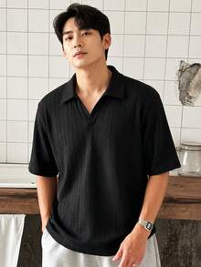 1pc Men's Polo Shirt, Korean Style Textured Jacquard Buttonless Comfortable Knit Anti-Pilling Short Sleeve T-Shirt, Slimming Versatile Top For Daily Commute, Dating And Multiple Occasions - Black - View 2