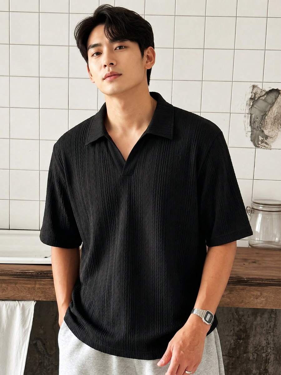 1pc Men's Polo Shirt, Korean Style Textured Jacquard Buttonless Comfortable Knit Anti-Pilling Short Sleeve T-Shirt, Slimming Versatile Top For Daily Commute, Dating And Multiple Occasions - Black - View 1