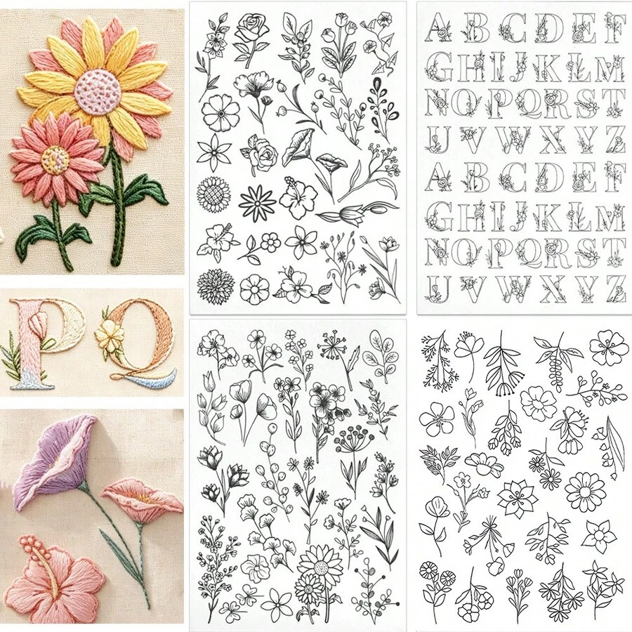 8.5x11 英吋水溶性刺繡襯紙，可水洗刺繡底布，預印花卉字母圖案，適合手工縫製愛好者與初學者