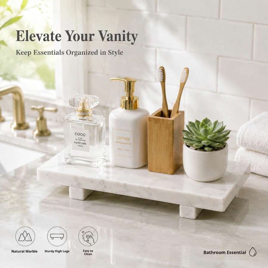 1pc Marble Pattern Rectangular Tray With Feet, Modern Bathroom Toiletries & Perfume Storage Tray, Coffee Table Decorative Tray, Vanity Organizer - White - View 1