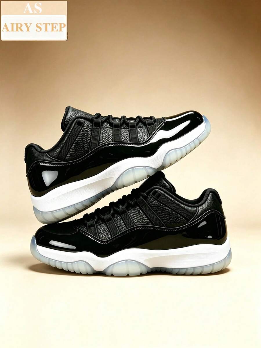 Back To School Essential Low Top Basketball Sneakers, Black Glossy Leather And White Sole Casual Sport Shoes With Clear Outsole, Easy To Clean Breathable Summer Trainers, Stylish Couple Athletic Footwear - 黑色 - 查看 1
