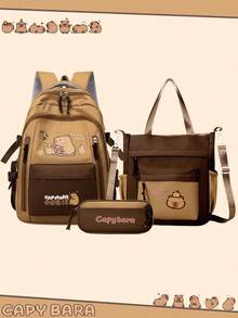 3pcs Cute Capybara Themed Backpack Set, Includes Tote Bag And Pencil Case, Durable Nylon Material, Multi-Pocket Design, Tablet Compartment, Suitable For Daily Commute And School - Multicolor - View 5