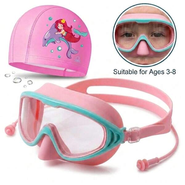 Children's Cartoon Animal Swimming Goggles And PU Swim Cap Set, 3-8 Years Old, Anti-Fog Anti-Leak Cute Dinosaur Mermaid Unicorn P, First Day Of School