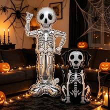 Juego de 2 globos de lámina de esqueleto de Halloween, globos de película de poliéster de esqueleto de pie y perro esqueleto, accesorios fotográficos espeluznantes para decoración de fiesta de Halloween, decoración de patio interior y exterior de Halloween, suministros de cumpleaños y Trick or Treat - Esqueleto plateado de pie + perro esqueleto - Ver 6
