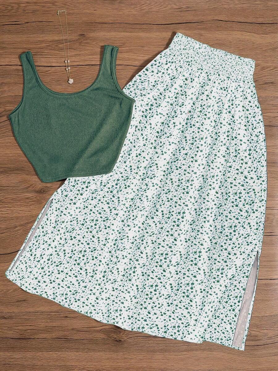 Women's Summer Elegant Vintage Country Vacation Style Solid Color Elegant Beach Dress Black Knit Tank Top Floral Print Skirt Set - Mint Green - View 1