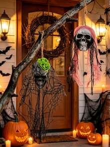 1Pc Halloween Mini Hanging Skull Ghost Decor, Tattered Mesh Skeleton Pendant, Creepy Hanging Ornament For Haunted House, Horror Party Scene Arrangement - Skull - View 2