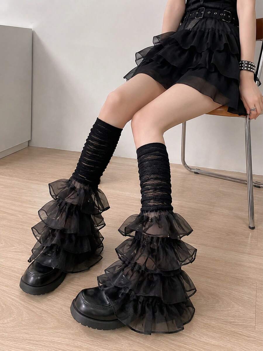 Ruffled Tulle Leg Warmers Sheer Tiered Mesh Sock Covers, Ruched Sheer Frilly Leg Sleeves, Multi Layer Flounce Fairy Lolita Leg Warmers, White See Through Ruffle Leg Cuffs For Girls Daily Outfit Cosplay Party - Multicolor - View 1