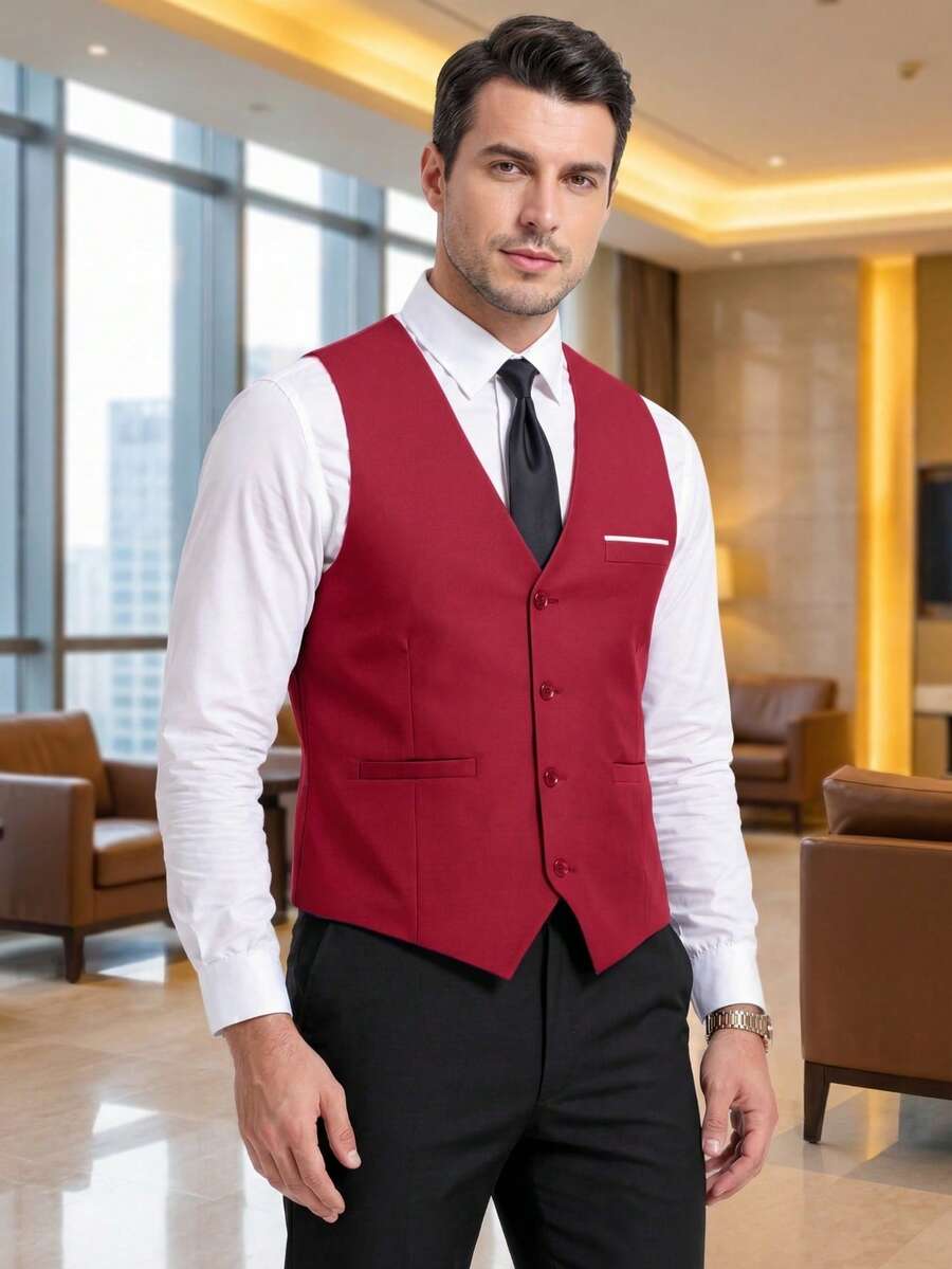 Men's Slim Fit Formal Vest, Suitable For Office Work, Business Meetings, Interviews, Daily Commute, Classic Versatile - Red - View 1