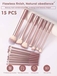 Set de 24 piezas de herramientas de maquillaje todo en uno color café y oro rosa, 15 piezas de brochas de maquillaje para rostro y ojos, almohadillas de esponja para el pulgar, borlas de polvo de terciopelo triangular, rizador de pestañas, limpiador de brochas de silicona y bolsa de lavado cosmética impermeable, kit de belleza portátil de viaje para principiantes de maquillaje - Multicolor - Ver 2