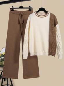 Setelan 2 Potong Sweater Rajut Leher Bulat Warna-warni untuk Wanita Ukuran Plus + Celana Panjang, Pakaian Kasual Elegan Lengan Panjang, Cocok untuk Musim Gugur - Khaki - View 6
