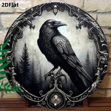 1pc 2D Flat Gothic Style Black Bird Round Iron Decor, Dark Forest Plaque With Mysterious Atmosphere, 8x8 Inches, Suitable For Home, Farmhouse, Garage, Bar, Store Wall Or Door Decoration, Pre-Drilled Holes, Style As Shown In Size Chart - Multicolor - View 1