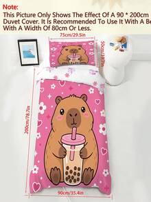 2/3PCS Capybara Bubble Tea Duvet Cover Set, Cute Cartoon Animal Bedding, Pink Heart Floral Print Bed Set For Girls - Multicolor - View 16