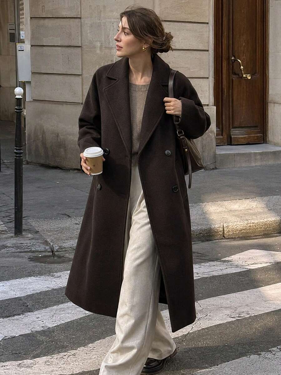女款秋季棕色長版大衣 翻領設計 冬季女式大衣 時尚優雅 新款長袖外套 - 棕色 - 查看 1